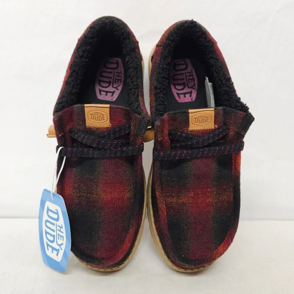 Hey Dude Wally Cozy Plaid Loafers Lined 44341-6RQ Red Black Mens Size‎ 9